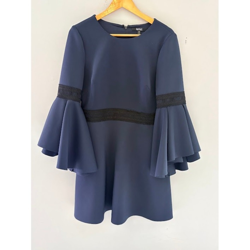 Badgley Mischka Bell Sleeve Dress Women 10 Navy Blue Excellent Lace Trim Mini